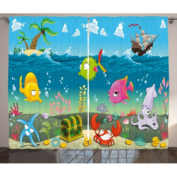 2 Panels 3D Blackout Drapes Fabric Window Curtain Mural Cartoon Undersea Animal 